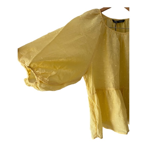 NWT Zara Swiss Dot Volume Blouse Yellow Puffed Sleeve Sheer Blouse M - Picture 4 of 11